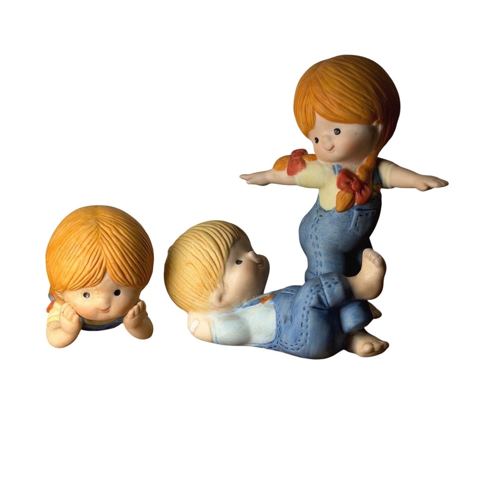 Vintage Enesco Ceramic Figurines Set of 3 Children in Overalls 1980 1981 Bisque